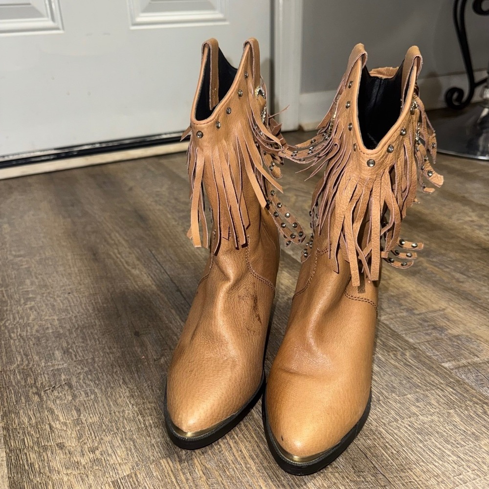 Santa Fe Boot Co Tan Leather Fringe Studded Western Ankle Boots Women 8M SFW502 - Picture 8 of 11
